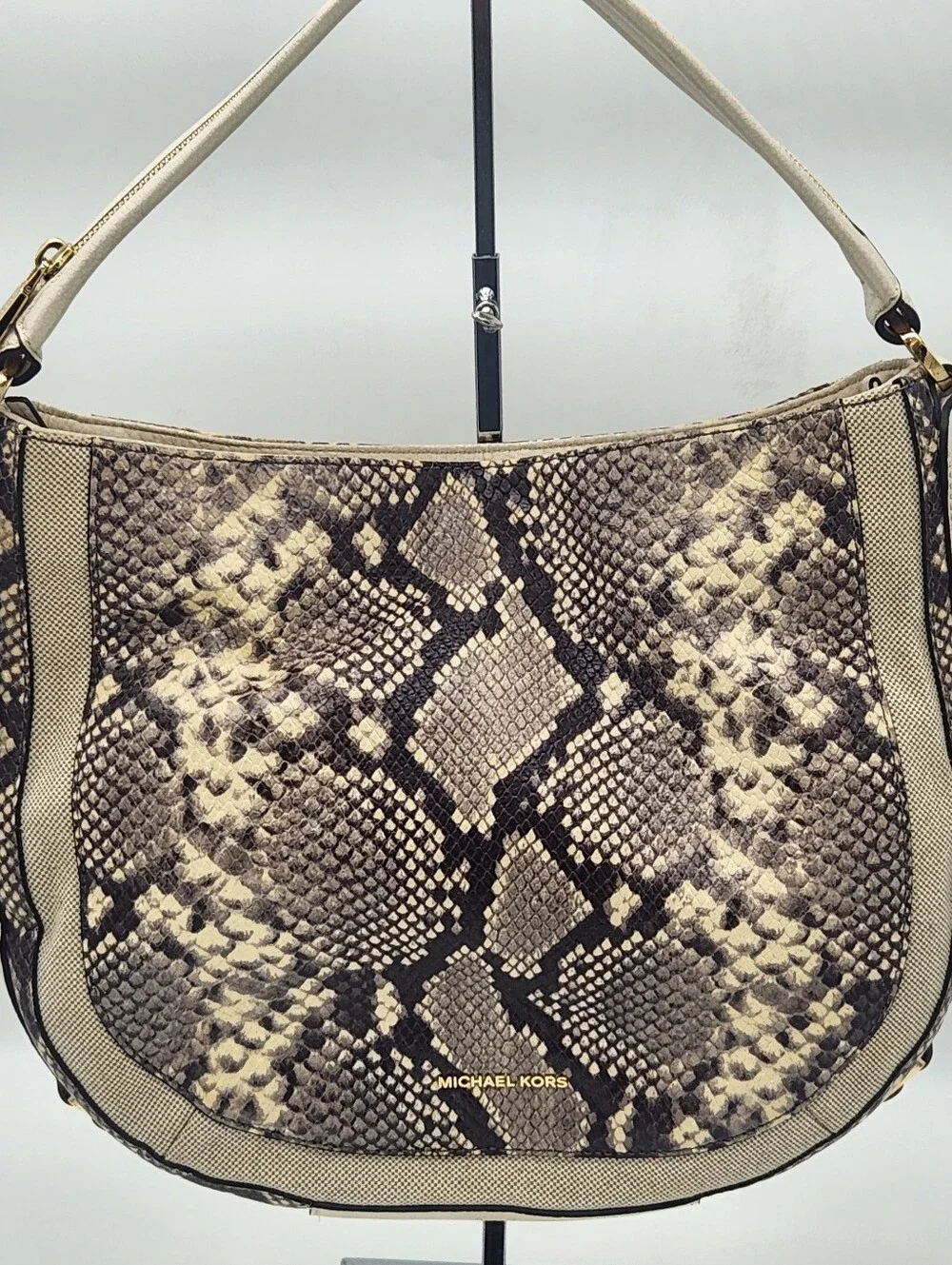 Michael Kors Snake Embossed Leather Canvas Hobo Shoulder Bag Natural Cream